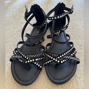 Luffymomo Black Gladiator Edgy Strappy Sandals with Studded Details